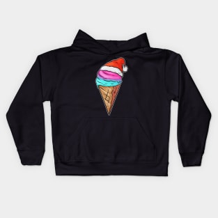 Ice Cream Cone With Ice Cream And Santas Hat For Christmas. Kids Hoodie